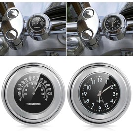 KACEPAR Motorcycle Clock, 7/8" Handlebar Stick On Clock and Thermometer, Stainless Steel Waterproof Dial Clock Handlebar Mount Accessories, Universal for Motorbike/Cruiser/Yacht/Off-road Vehicle
