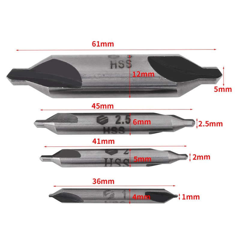Centring Drill Bit Set, 4 Pieces 60 Degree HSS 1/2/2.5/5