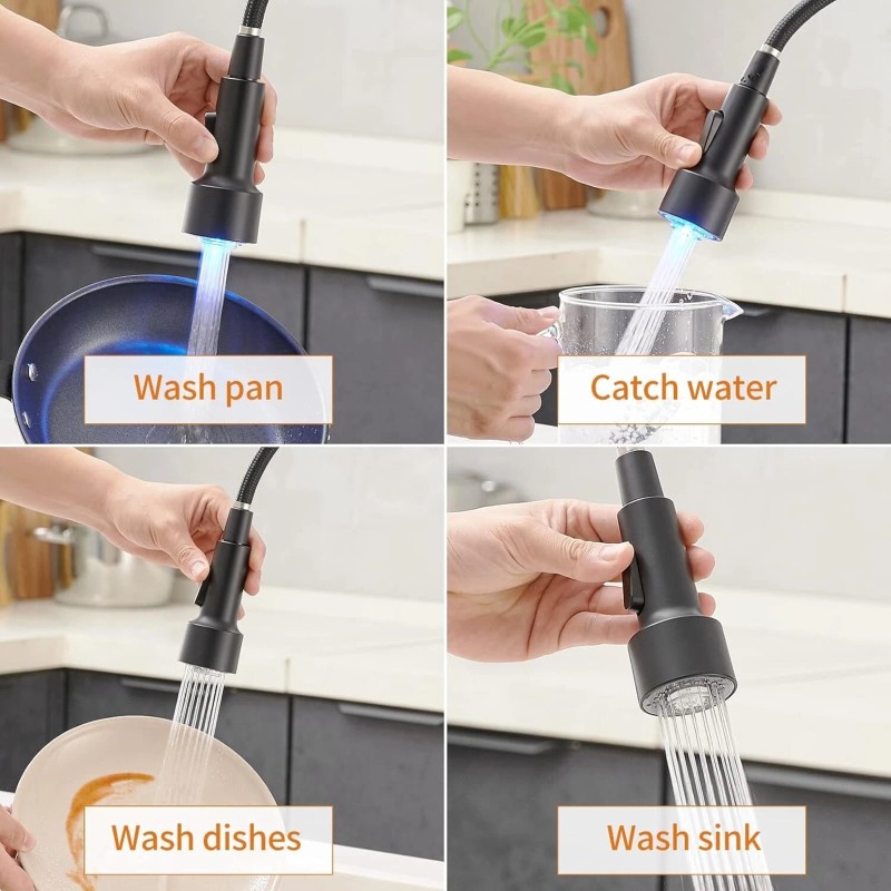 MVMHOME Black and Gold LED Kitchen Faucet with Pull Down