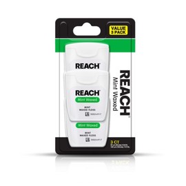 REACH Waxed Dental Floss, Mint, Plaque Remover for Teeth, Shred Resistant, Floss Slides Smoothly, Easy to Use, Waxed, Deep Cleaning Teeth, Oral Care, PFAS Free, for Adults & Kids, 3 Pack, 55 yd | Reach