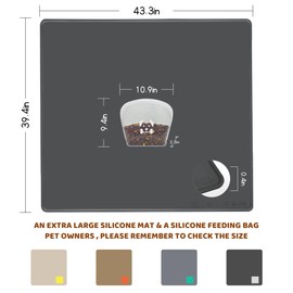 KVK Extra Extra Large Silicone Dog Food Mat 39.4×43.3in and 128oz Silicone Bag Set, Super Size Waterproof Pet Feeding Mat & Container, Non-Slip, Chew-Resistant Floor Protection (Dark Grey&Clear)