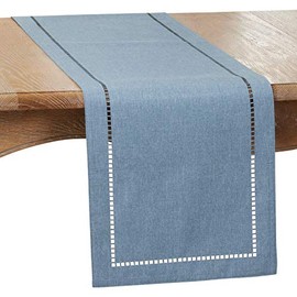 SARO LIFESTYLE 9738.DN1490B Hadleigh Collection Laser-Cut Hemstitch Table Runner, 100% Polyester, Denim