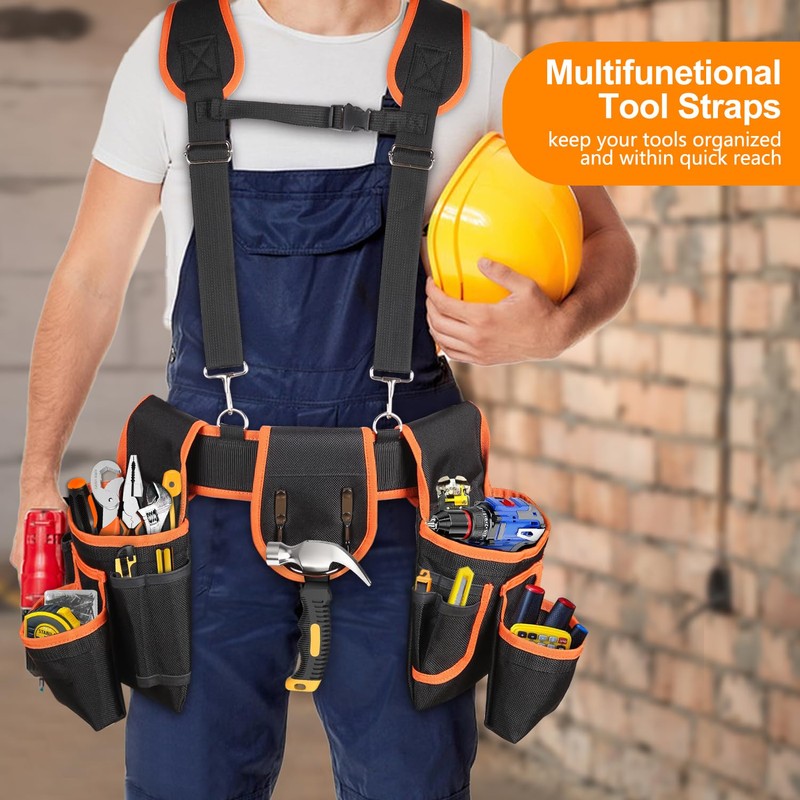 Tool Belt With Suspenders, 22 Pockets Tool Bags, Multi-Functional Adjustable