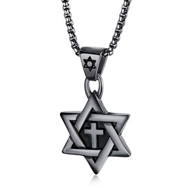 Rehoboth Star of David Six Pointed Megan Cross Pendant Necklaces for Men or Women Stainless Steel Chain 24 Inch Black