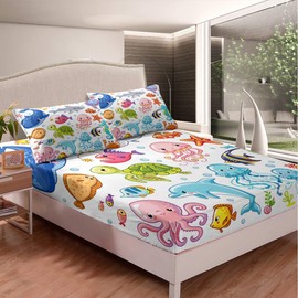 Kids Dolphin Fitted Sheet Cute Seahorse Jellyfish Bedding Set Cartoon Ocean Creature Bed Sheet Set for Children Boys Girls Marine Underwater Sealife Bed Cover Room Decor Twin Size