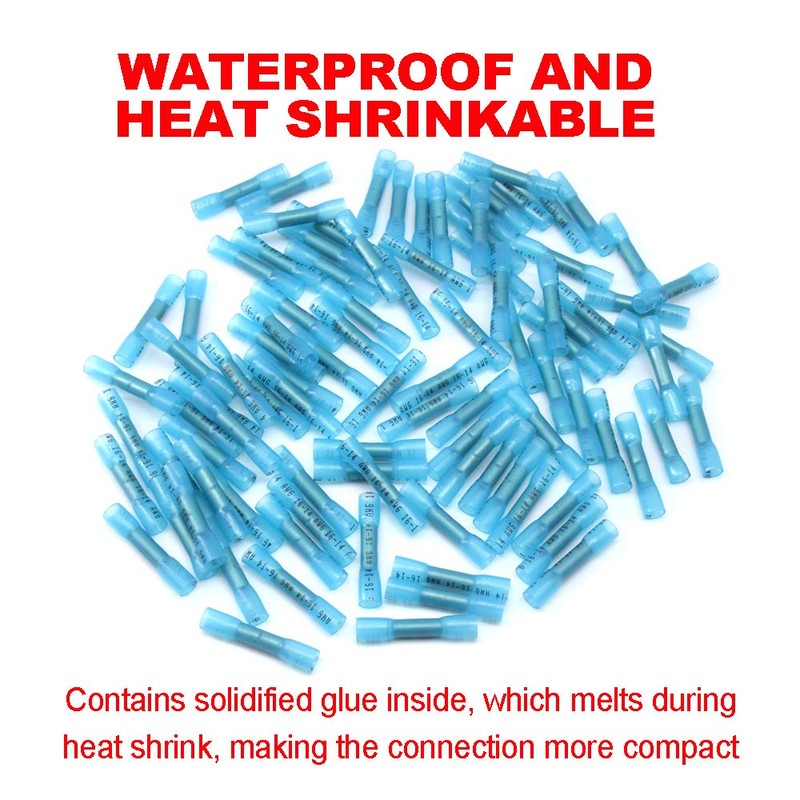 CEEYSEE 100Pcs Heat Shrink Butt Connectors 16-14 AWG Blue Insulated