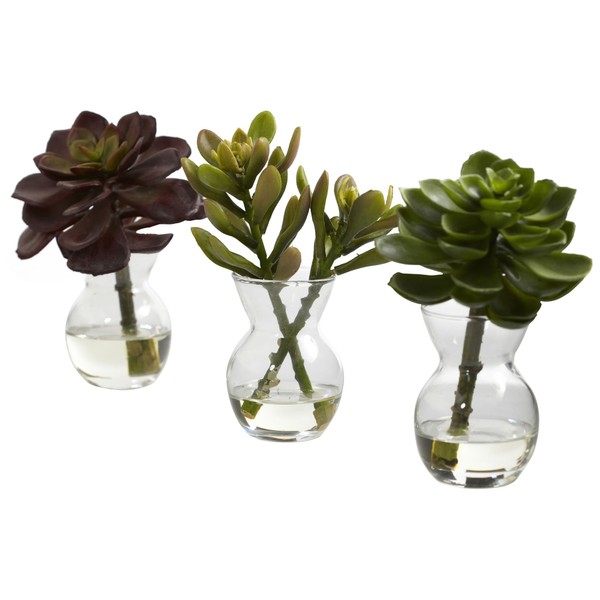 Nearly Natural 4954-S3 Succulent Arrangements, Green, Set of 3,4 -