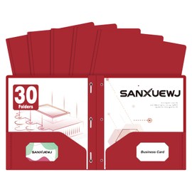 SANXUEWJ 30 Pack Two Pocket Folders Business Card Holder Plastic Folders with Prongs for School Office Filing Cabinet Resume Portfolio (Red)