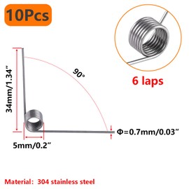 Qrity Pack of 10 Small Torsion Springs Made of 304 Stainless Steel, Torsion Springs with 0.7 mm Wire Diameter, Outer Diameter 5 mm, 6 Rounds, 90° Deflection Spring