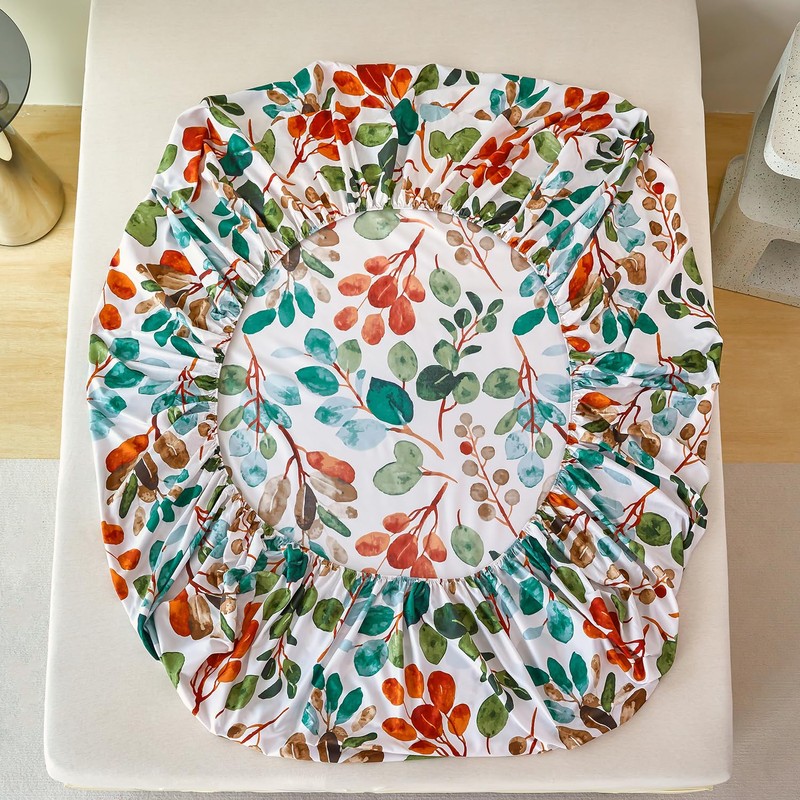 Jemiipee Double Fitted Sheet Green Tropical Leaves Pattern, 30 cm