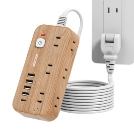 Mscien Extension Cord 9.8 ft. (3 m) Power Strip Outlet Table Octopus Wiring 6 AC Outlets 4 USB-A 1 USB-C Switch Lightning Guard Horizontal Plug Multi-Outlet Power Tap Splitter OA Stylish Wood Grain