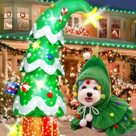 Dog Christmas Outfit Elf Costume Cat Cape Xmas Tree Cloak with Hat Star and Pompoms Small Dog Clothes Kitten Santa Claus Costumes Pet Santa Gifts Xmas Tree Cloak (Small, Xmas Tree)