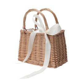 PRETYZOOM Wicker Basket with Handle: Natural Rattan Handbag with Decorative Ribbon Wicker Picnic Basket Boho Beach Bag Straw Tote Wedding Flower Girl Basket