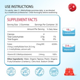 2 Pack L-Methylfolate 15mg Gummies, Methylated Multivitamin with Methylated B12, Active 5-MTHF Form, Supports MTHFR Mutation, Methylation, Mood & Cognition, Vegan, Cranberry Flavor, 120 Cts