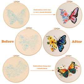 Chwang 3Pcs Butterfly Embroidery Kits, Beginners Embroidery Stitch Practice kit, Hand DIY Cross Stitch Kits for Wall Decoration,Kids Adults Crafts Embroidery Starter Kit (Style 1 - Butterfly)