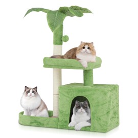 MoNiBloom Cat Tree with Green Leaves, 32 Inches Cat Tower with Scratching Posts, Cat House w/Cozy Condo, Perch and Fluffy Ball for Indoor Cats