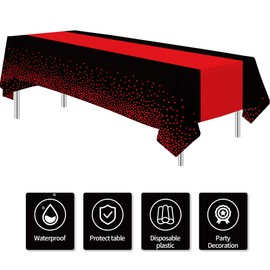 Suhelkit Black and Red Party Tablecloth Decorations, 3Pcs Disposable Black Rectangle Table Covers Printed Red Table Runner and Dot, for Birthday Baby Shower Wedding Anniversary Graduation, 55in x 86in