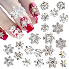 20Pcs Christmas Nail Charms Silver Snowflake Nail Rhinestones for Nails Art 3D Luxury Bling White Nail Gems Winter Cute Pearl Nail Jewelry Christmas Snowflake Bling Nail Charms for Women Acrylic Nails