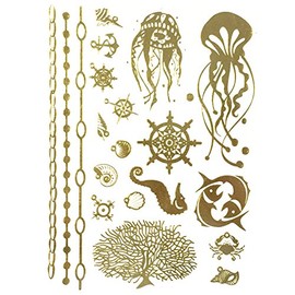 Wrapables Celebrity Inspired Temporary Tattoos in Metallic Gold Silver and Black, Large, Sea Animals