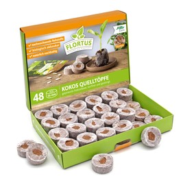 FLORTUS Coconut Source Pots Made of Potting Soil with Nutrients - Pack of 48 Coconut Swelling Tablets Peat-Free & Biodegradable - Source Tablets Made of Coconut Soil Pressed for Planting Seeds &