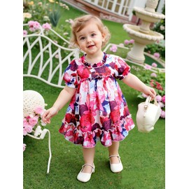 AGQT Infant Baby Girls Flower Print Dress Puff Sleeve Ruffle Floral A-line Birthday Spring Beach Sundress Clothes Outfit Floral on Pink Size 3-6 Months