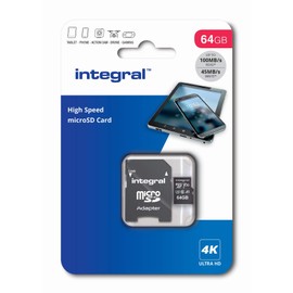 Integral Memory 64GB MicroSDxC Premium High Speed Memory Card Up to 100MB/s Reading, 45MB/s Writing, V30 UHS-I U3 + SD Adapter, by Integral Memory