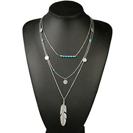 CanB Layered Feather Necklace Turquoise Beads Neckalce Discs Necklace Bohemian Necklace for Women Girls (Silver)
