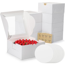 EQOREIIN White Cake Boxes 10 Inch with Window, 10 Set Bakery Boxes with Cake Boards & Stickers, Cupcake Box for Birthday, Party, Wedding, Mother's Day, Valentine's Day, Christmas（10x10x5 inch）