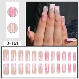 Long Press on Nails Square Fake Nails with Flower French Tip Design Bling Glossy Rhinestone False Nail Tips Artificial Nails Finger Manicure for Women and Girls 24 Pcs (Pink-05, 02JH-05)