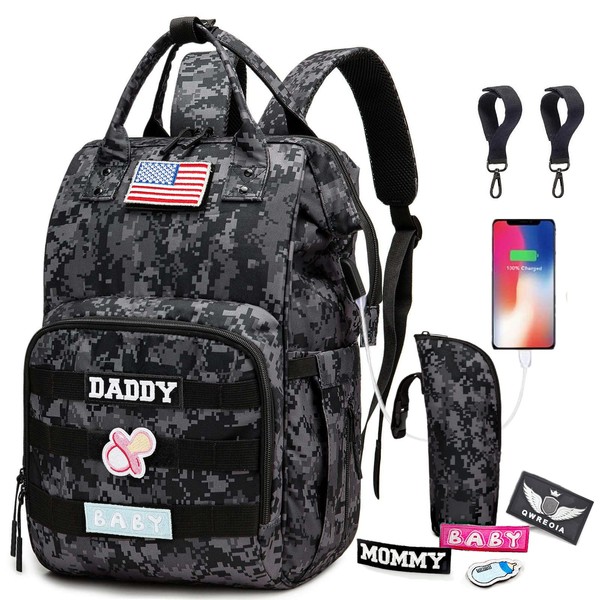 QWREOIA Camo Diaper Bag Backpack for Dad and Mom with USB Charging Port Stroller Straps and Insulated Pocket,army military Travel Nappy Backpack (DADDY and MOMMY patches)