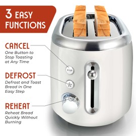 MUELLER HOME Retro Toaster 2 Slice, 7 Browning Levels, 3 Functions (Reheat, Defrost, Cancel), Stainless Steel Features, Removable Crumb Tray, Under Base Cord Storage, White Toaster Kitchen Appliances