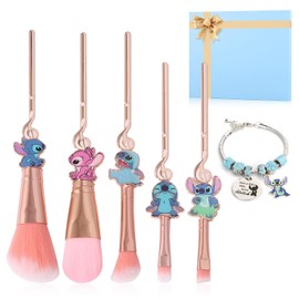 [6 Pcs] Stitch Makeup Brush Set & Stitch Bracelet, Lilo and Stitch Gifts, Portable Kawaii Makeup Brushes for Powder Eyeshadow Blushes Lips, Adjustable Bracelet Stitch Gifts for Girl Women