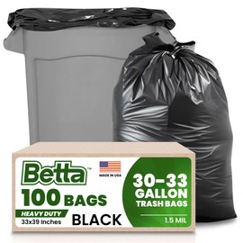 Betta 30-33 Gallon Black Trash Bags, 100 Count Box, (33x39-inch) Commercial Heavy-Duty Garbage Can Liners for 20-32 Gallon Round Cans, 23-29 Gallon Slim and Square Cans