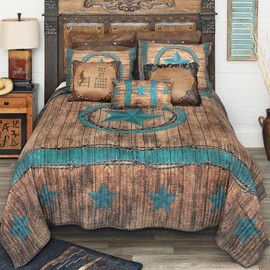 BLACK FOREST DECOR Turquoise Star & Barbed Wire Quilt Bed Set - Queen – Western Reversible Oversized Bedding, 105" x 95" Quilt with Shams