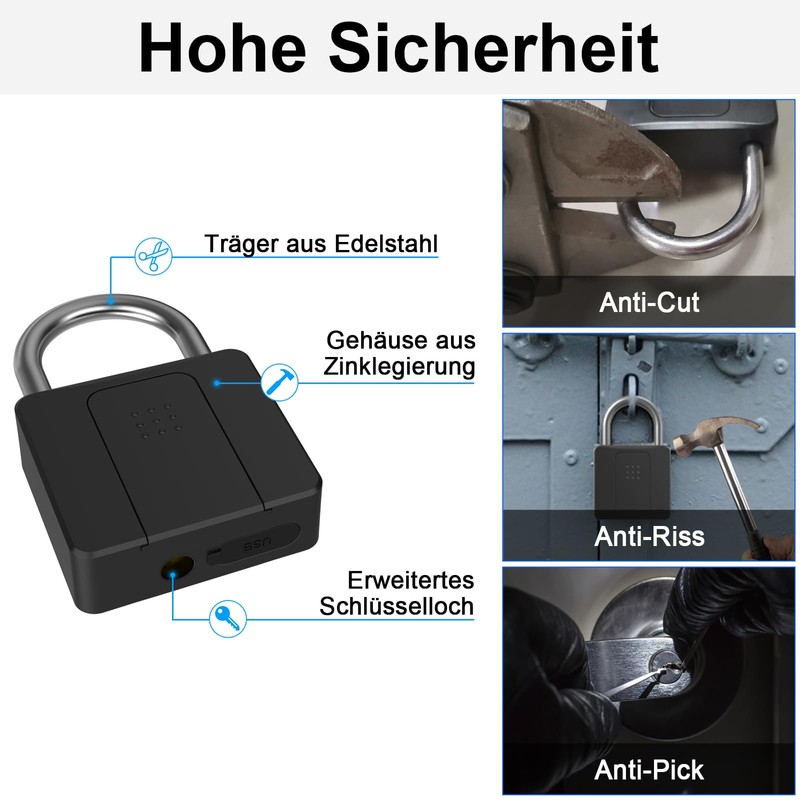 Lock Fingerprint, Eseesmart Padlock, Lock with Key App, Large Padlock