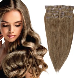 Naked Clip-In Hair Extensions by everlong, Skin Weft Scalp Imitating Invisible Base, Premium Remy Human Hair for Length & Volume, 140 Grams (18 inch, #479 Caramel Brown Highlights)