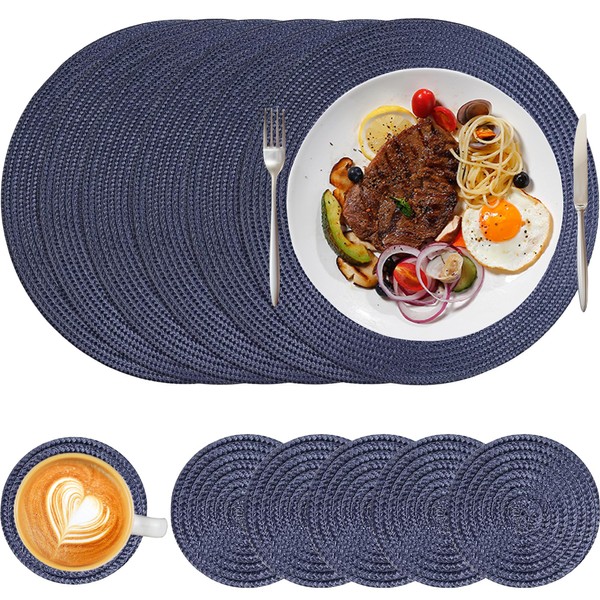 HNVNER Round Placemats and Coaster Set of 6, Woven Place