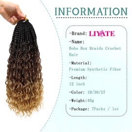 7 Packs Goddess Box Braids Crochet Hair 12 Inch 3 Tone Omber Brown and Blonde Boho Crochet Braids with Curly Ends Synthetic Bohemian Braiding Hair Extensions (1B/30/27)