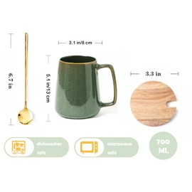 Ceraozmus Large Ceramics Coffee Mugs,24 OZ,With Spoon And Wooden Lid,For Coffee,Tea,Cocoa,Large Handle Design,Microwave And Dishwasher Safe(Color:24 oz green set)