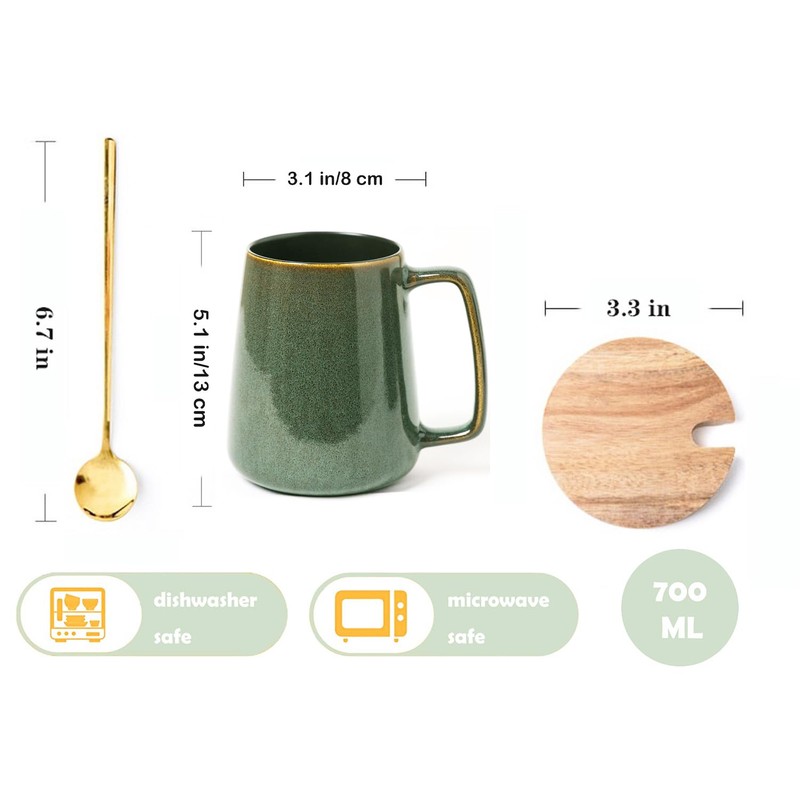 Ceraozmus Large Ceramics Coffee Mugs,24 OZ,With Spoon And Wooden Lid,For