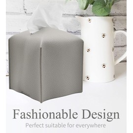 Livelab Tissue Box Cover Holder, Square Modern Decoration PU Leather Facial Tissues Case Roll Paper Dispenser for Bathroom Vanity Countertop, Night Stands, Office Desk Car 5X5X5'' | Pastel Grey