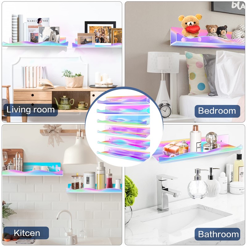 6 Packs Iridescent Clear Acrylic Floating Shelves, DILIBRA 15.7 Inch