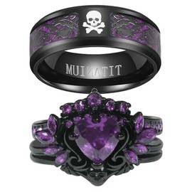 Couple Rings Matching Rings Black Wings Skull Ring 1.5ct Blue CZ Womens Wedding Ring Sets Punk Ring