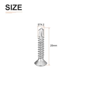 DTGN 50Pcs ST4.2x25mm Self Drilling Screws, 410 Stainless Steel Flat Head Phillips Sheet Metal Screw - Good for Wood to Metal, Furniture - Silver