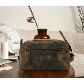 Genuine Buffalo Leather Toiletry Bag for Men & Women – Rustic Dopp Kit Travel Organizer with Water-Resistant Lining & Zipper Closure – Leather Shaving Kit with Carry Handle