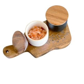 UhMAZING SALT AND PEPPER CELLAR SET WITH ACACIA WOOD LID AND ENGRAVED DECORATIVE HOLDING TRAY - WHITE AND BLACK
