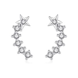 Deyanse Sterling Silver Stud Earrings 925, Curved Helix Stud Earrings with Star, Curved Studs Cartilage Piercing Earring, Upper Lobe Ear Studs with Cubic Zirconia, Helix Ear Jewellery for Women Girls