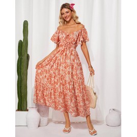 GRACE KARIN Womens 2025 Floral Summer V-Neck Ruffle Sleeve Empire Waist A-Line Casual Maxi Tiered Dress with Pockets Organe Flower M
