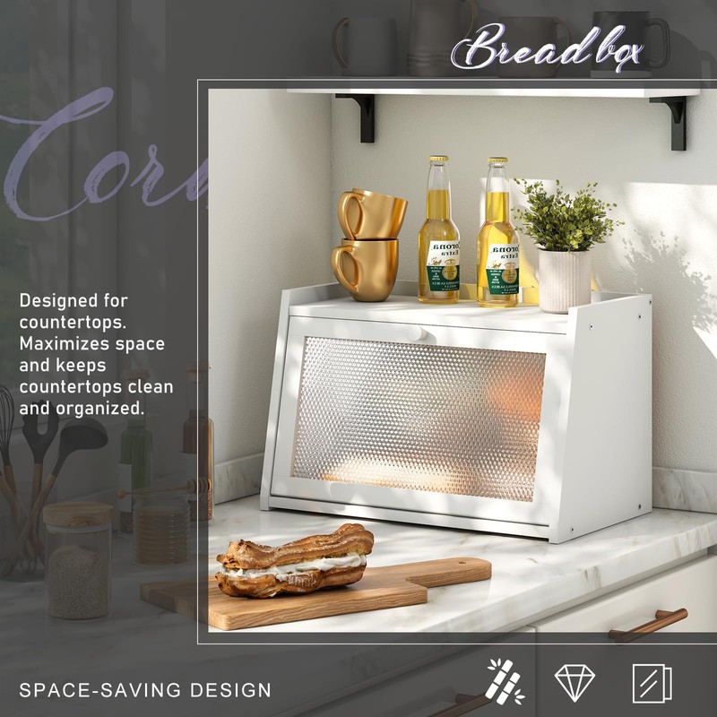 Wieghda Large Farmhouse Bread Box with Window -White Natural Wood