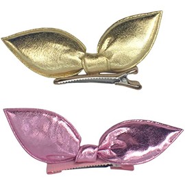 Topkids Accessories 2pcs Satin Party Hair Bow Clips for Girls and Women, Hair Bows for Women, Hair Clips for Girls, Pink Ribbon, Gold Ribbon, Hair Accessories for Teenage Girls (Gold & Pink)